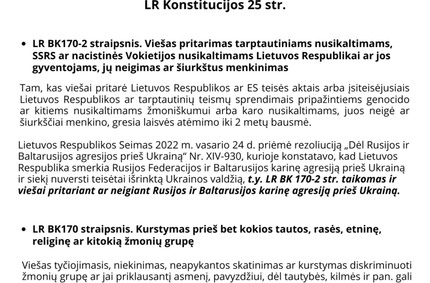  Visuomenei primenama apie baudžiamąją atsakomybę už neapykantos kurstymą ir karo nusikaltimų neigimą ar viešą pritarimą jiems